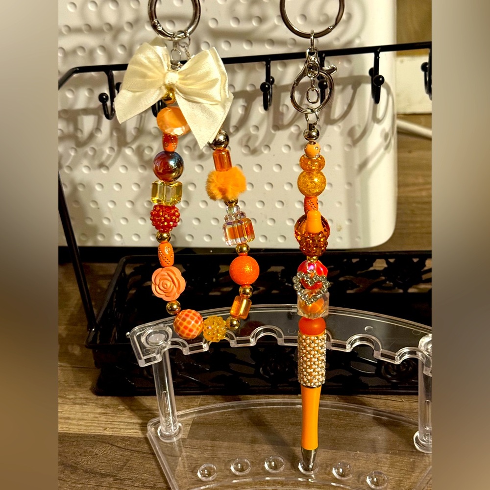 Orange Beaded Keychain Set with Bow & Pen Set